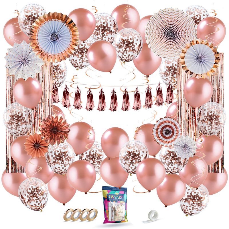 Foto van Fissaly® 68 stuks rose goud xl decoratie feestpakket - ballonnen & slingers - feest versiering