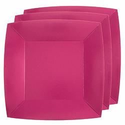 Foto van 30x stuks feest ontbijt/gebak bordjes papier/karton vierkant - fuchsia - 18cm - feestbordjes