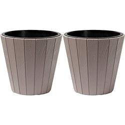 Foto van Prosperplast plantenpot/bloempot wood style - 2x - buiten/binnen - kunststof - beige - d35 x h32 cm - plantenpotten