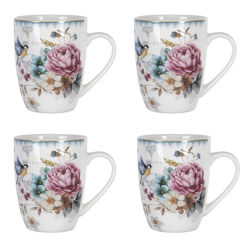 Foto van Haes deco - mokken set van 4 - 12x8x10 cm / 360 ml - met bloemen - pioenroos