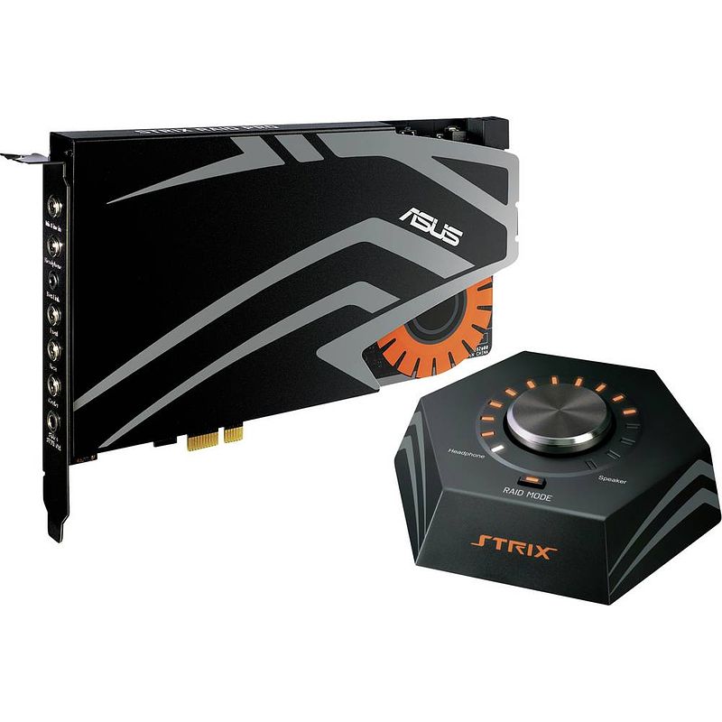 Foto van Asus strix raid pro 7.1 interne geluidskaart pcie externe koptelefoonaansluitingen