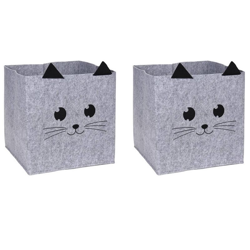 Foto van 2x stuks opbergmand vilt kinderkamer - dieren thema kat - 32 x 32 x 32 cm - opbergmanden