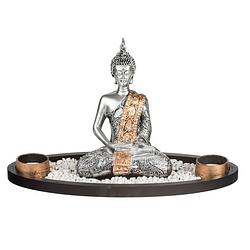 Foto van Boeddha beeld met waxinelichthouders voor binnen zilver 33 cm - beeldjes