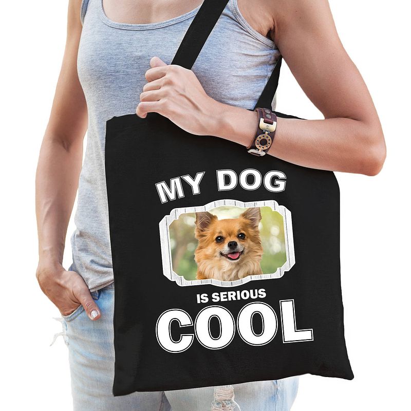 Foto van Katoenen tasje my dog is serious cool zwart - chihuahua honden cadeau tas - feest boodschappentassen