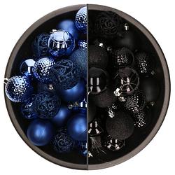 Foto van 74x stuks kunststof kerstballen mix zwart en kobalt blauw 6 cm - kerstbal