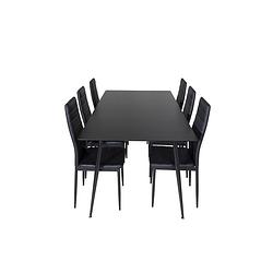 Foto van Silarbl180 eethoek eetkamertafel zwart en 6 slim high back eetkamerstal pu kunstleer zwart.