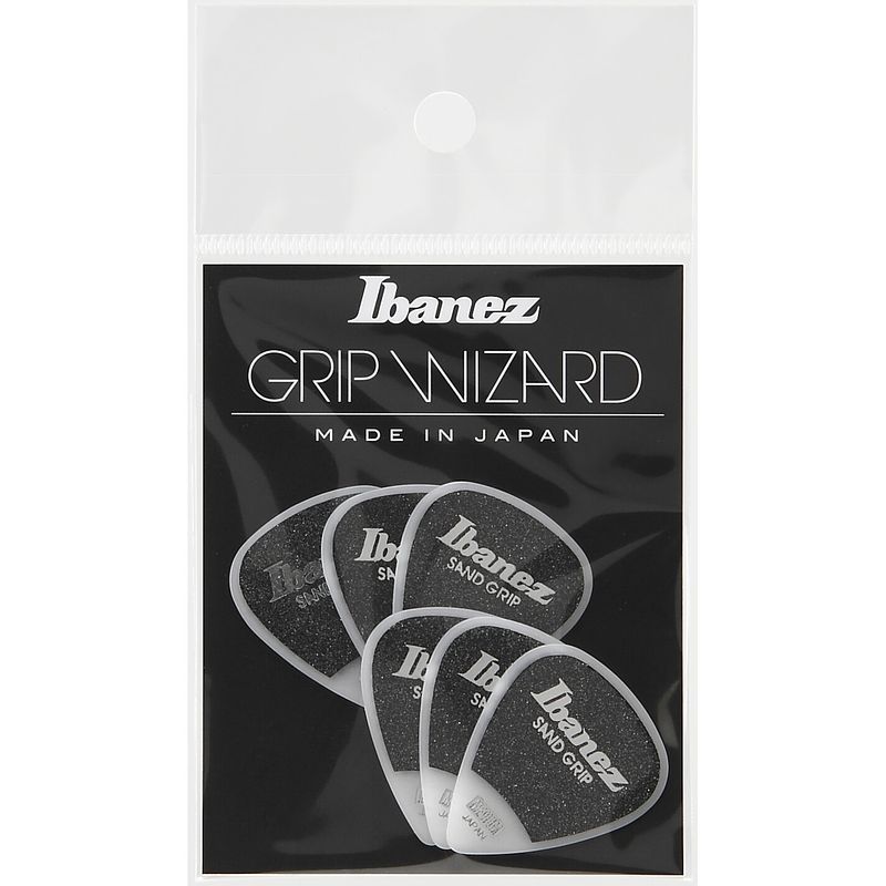 Foto van Ibanez ppa14msgwh grip wizard series sand grip plectrumset 6-pack teardrop wit medium