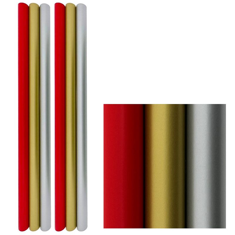 Foto van Kerstpapier cadeaupapier voor kerstmis - 80 grams gecoat papier - rood zilver goud - 3 meter x 70 cm- 6 rollen