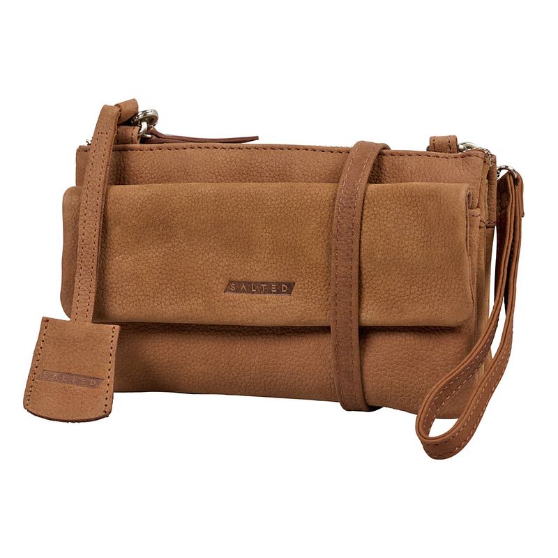 Foto van Salted leren dames schoudertasje minibag - clutch - nubuck leer - cognac