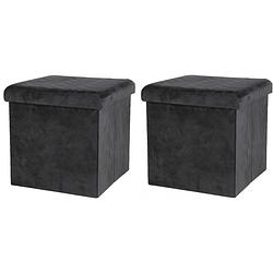 Foto van Urban living poef/hocker - 2x - opbergbox zit krukje - velvet zwart - polyester/mdf - 38 x 38 cm - opvouwbaar - poefs