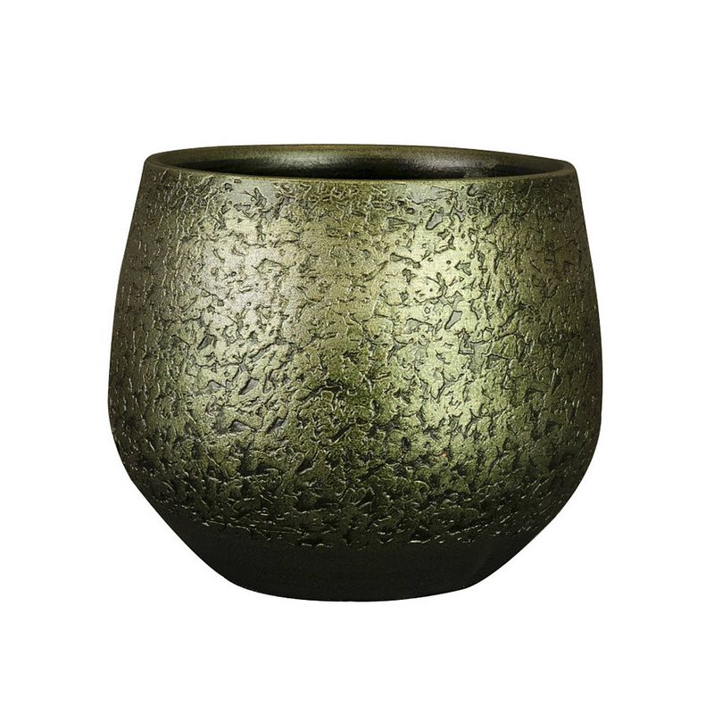 Foto van Plantenpot/bloempot keramiek metallic donkergroen/gold finish - d19/h16 cm - plantenpotten