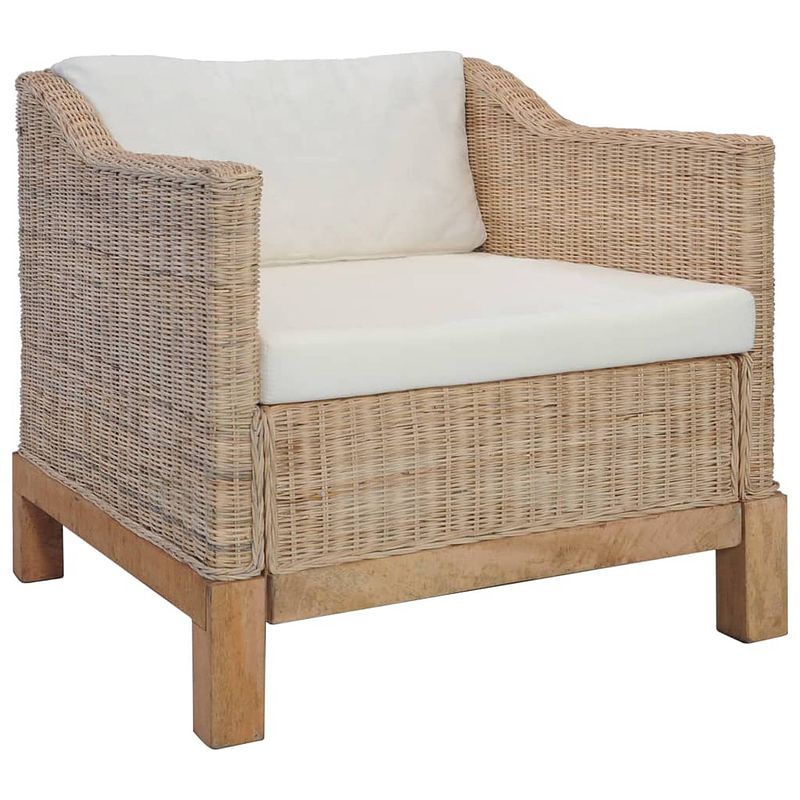 Foto van The living store rattan bankstelset - naturel en crèmewit - 1 fauteuil - 1 driezitsbank - 4 zitkussens - 3