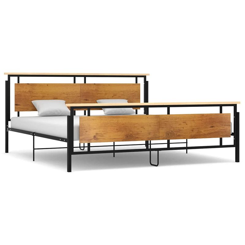 Foto van The living store metalen bedframe - 208.5 x 206 x 90 cm - massief eikenhout - zwart