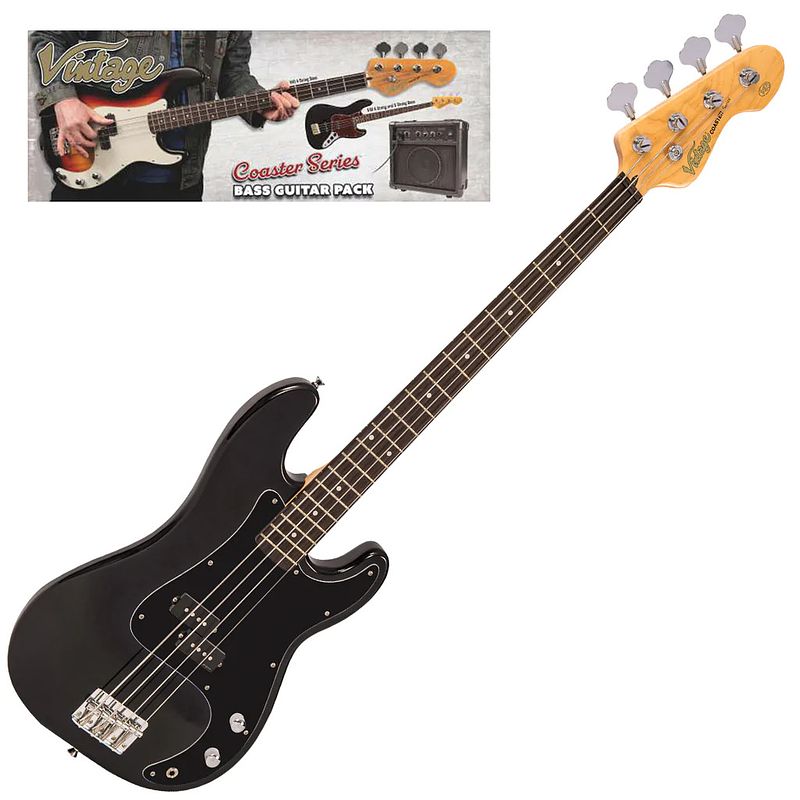 Foto van Vintage vip-v40blk coaster series gloss black bass pack elektrische basgitaar set met versterker