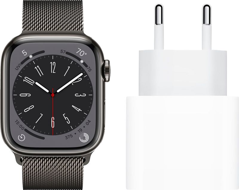 Foto van Apple watch series 8 4g 45mm grafiet rvs milanese polsband + oplader