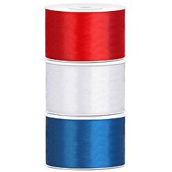 Foto van Set van 3 stuks sierlinten/cadeaulinten/satijnen linten rood-wit-blauw 38 mm x 25 meter - cadeaulinten