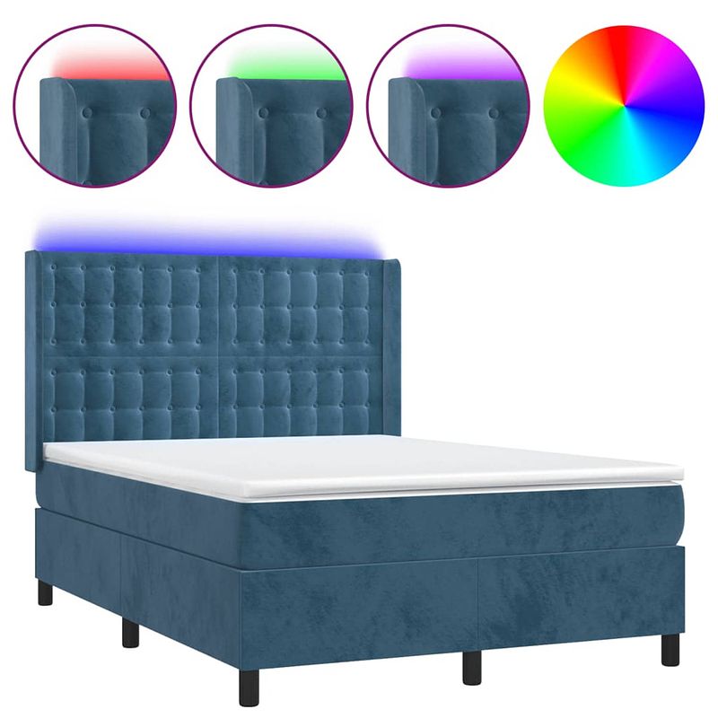 Foto van The living store boxspring - fluweel - led - pocketvering - huidvriendelijk - donkerblauw - 203x147x118/128 cm -