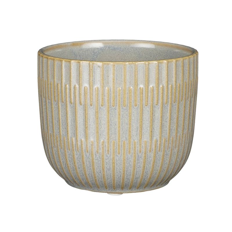 Foto van Plantenpot/bloempot keramiek lichtgrijs stripes patroon - d11/h9 cm - plantenpotten