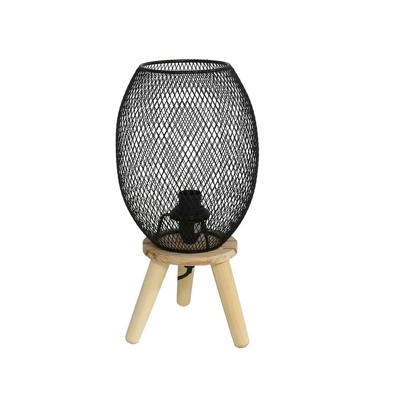 Foto van Gebor - bureaulamp - tafellamp - zwart - metaal - hout - onderstel - gaaswerk - sfeerverlichting - stoer -