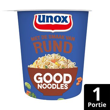 Foto van 2 zakken soep a 570 ml, pakken cupasoup a 3 stuks of single verpakkingen noodles of pasta | unox good noodles cup rund 63g aanbieding bij jumbo