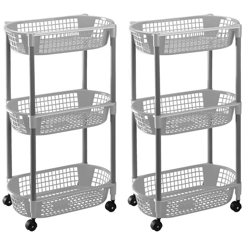 Foto van 2x woondecoratie karretjes/trolleys met grijze opbergmanden 71 cm - opbergmanden