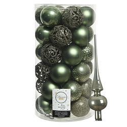 Foto van 37x stuks kunststof kerstballen 6 cm incl. glazen piek mosgroen - kerstbal