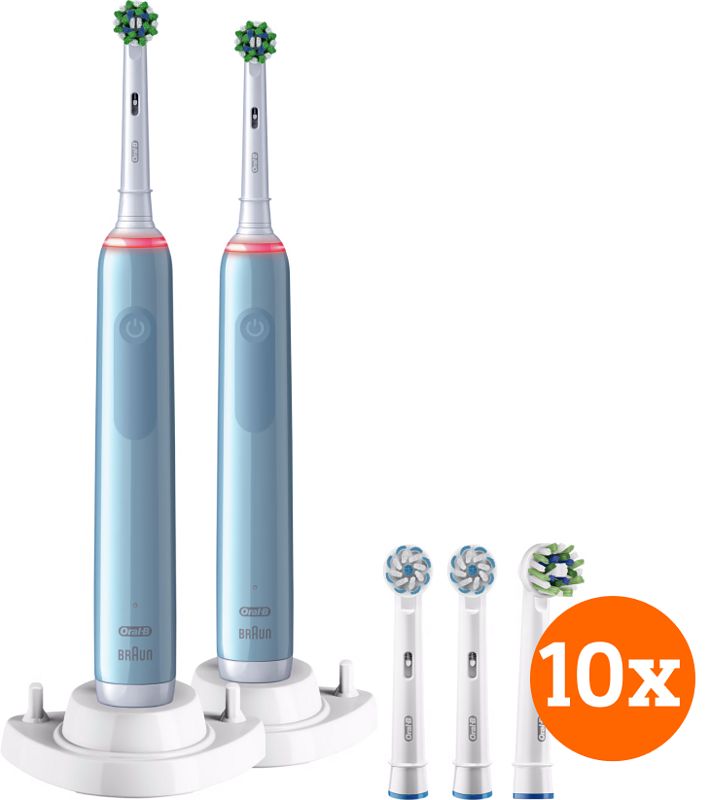 Foto van Oral-b pro 3 3770 blauw duo pack + crossaction opzetborstels (10 stuks)