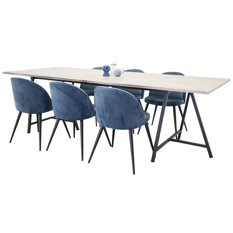 Foto van Jepara eethoek eetkamertafel teakhout en 6 velvet eetkamerstal velours blauw, zwart.