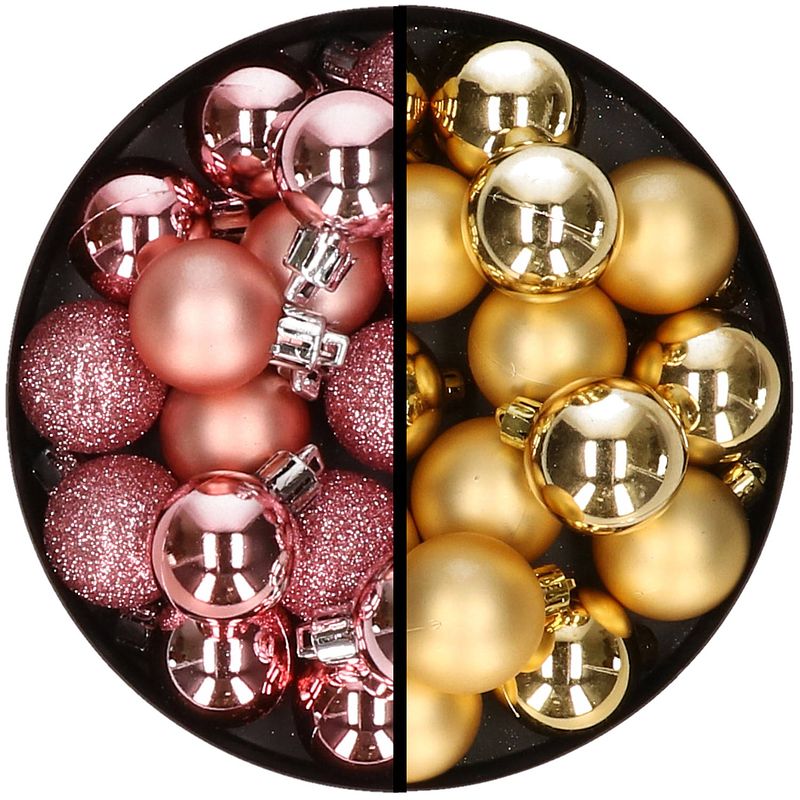 Foto van 36x stuks kunststof kerstballen roze en goud 3 en 4 cm - kerstbal