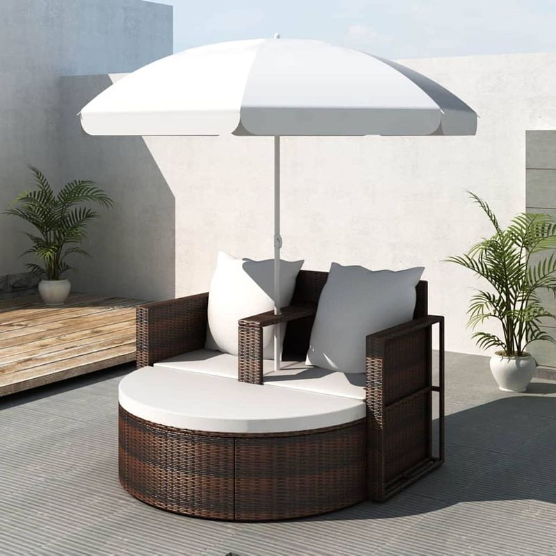 Foto van Poly rattan loungebed set met parasol (bruin)