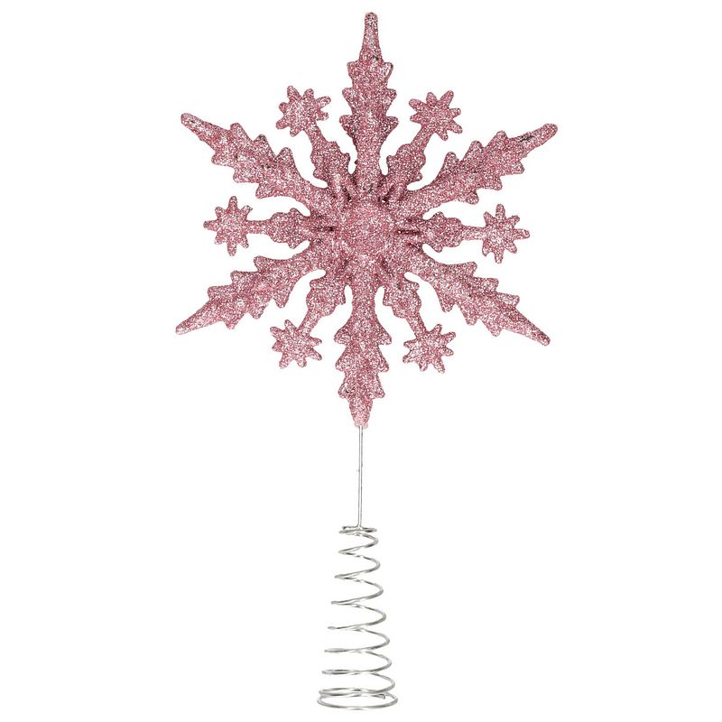 Foto van Kunststof kerstboom 3d sneeuwvlok piek glitter roze 20 cm - kerstboompieken