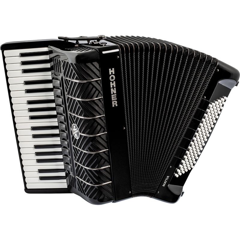 Foto van Hohner mattia iv 96 bk stage accordeon met wit pianoklavier