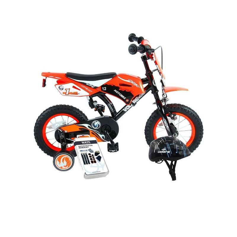 Foto van Volare kinderfiets motorbike - 12 inch - oranje - met fietshelm & accessoires