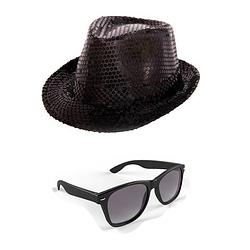 Foto van Carnaval verkleed set glitter hoed en party bril zwart - verkleedhoofddeksels