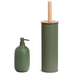 Foto van Wc/toiletborstel in houder met zeeppompje - metaal - salie groen - toiletborstels