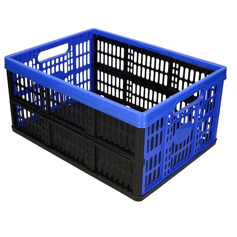 Foto van Opvouwbare kratten/inklapbare boodschappen kisten zwart/blauw 48 x 35 x 24 cm - boodschappenkratten