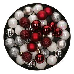 Foto van 48x stuks kunststof kerstballen mix wit/zilver/donkerrood 4 cm - kerstbal