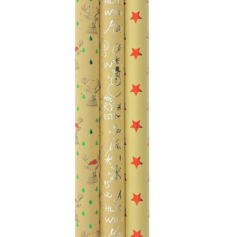 Foto van Christmas kraft cadeaupapier - kerstpapier inpakpapier voor kerst - 3 meter x 70 cm - 3 rollen