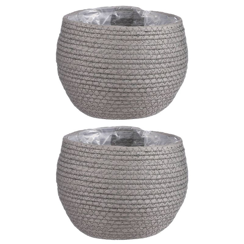 Foto van 2x stuks naturel grijs rotan planten pot mand van gedraaid jute/riet h15 en d18 cm - plantenpotten