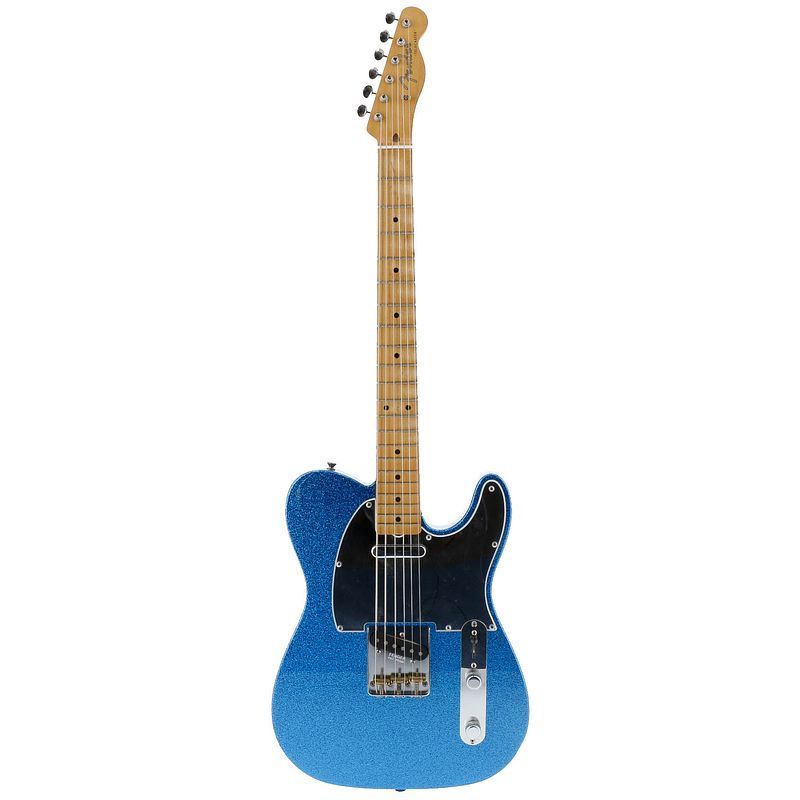 Foto van Fender j mascis telecaster mn bottle rocket blue flake elektrische gitaar met deluxe gigbag