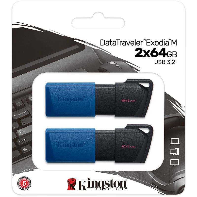 Foto van Kingston datatraveler exodia m 64 gb, usb 3.2 gen 1 (zwart + blauw) - 2 stuks