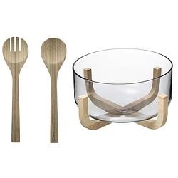 Foto van Secret de gourmet slakom/schaal met slacouvert - glas/hout - d24 cm - saladeschalen