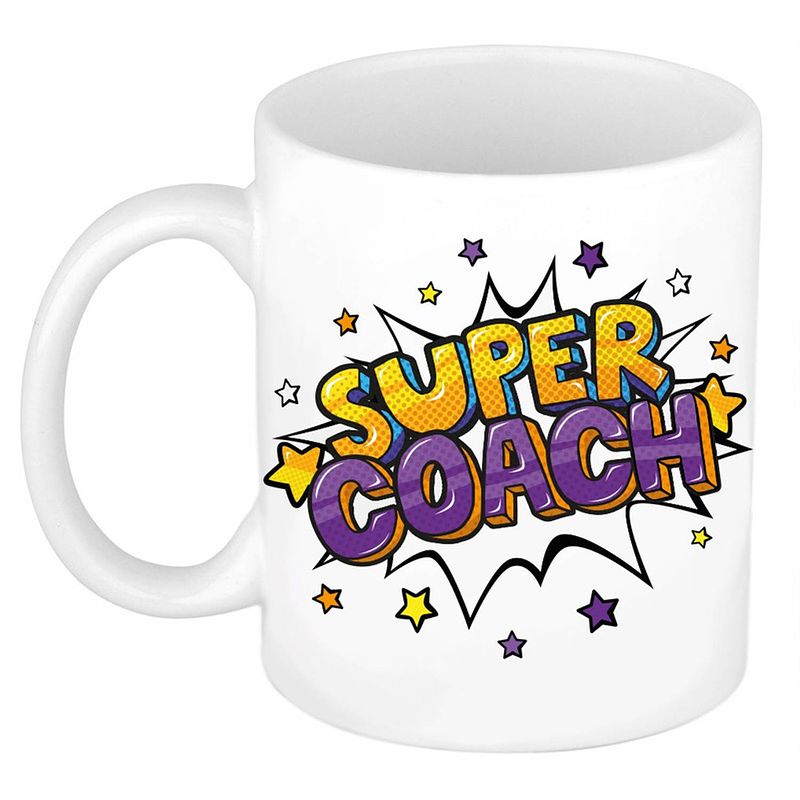 Foto van Super coach cadeau mok / beker wit met sterren 300 ml - feest mokken