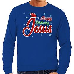 Foto van Foute kerstborrel trui / kersttrui happy birthday jesus / jezus blauw voor heren 2xl (56) - kerst truien