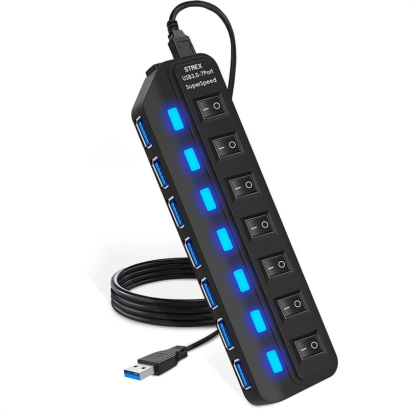 Foto van Strex usb 3.0 hub - usb splitter - 7 poorten - 5gbps - led indicatie - aan/uit switch - 100cm kabel