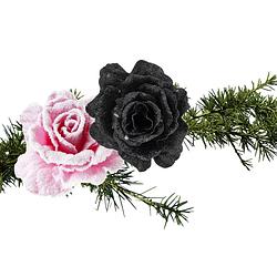 Foto van Cosy & trendy kerst bloemen op clip - 2x st - roze en zwart - 10 cm - kersthangers