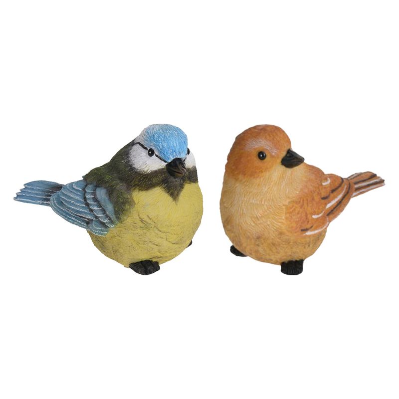 Foto van Tuin/huis decoratie beeldjes set van 2x vogeltjes - polystone - 12 cm - tuinbeelden