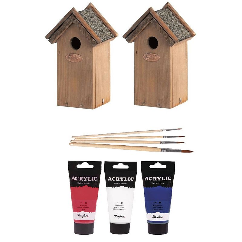 Foto van 2x houten vogelhuisje/nestkastje 22 cm - rood/wit/blauw dhz schilderen pakket - vogelhuisjes