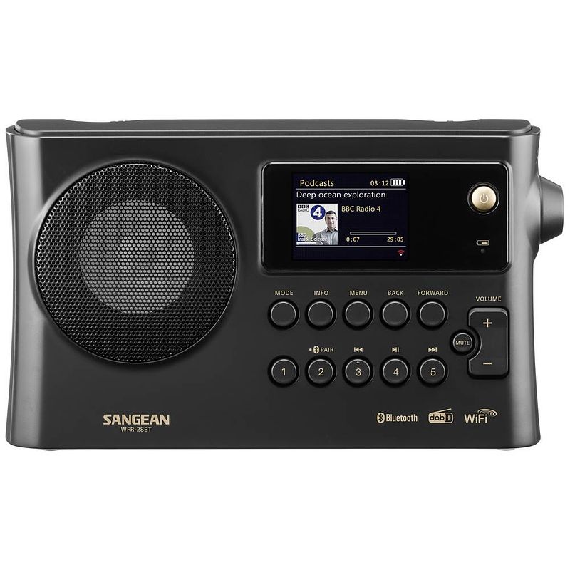 Foto van Sangean wfr-28bt tafelradio met internetradio dab+, fm dab+, wifi, bluetooth, aux, internetradio accu laadfunctie, spotify zwart