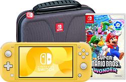 Foto van Nintendo switch lite geel + super mario bros. wonder + beschermhoes